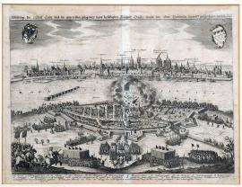 202-Vyobrazení města Kolína a naproti ležícího předměstí Deutzu i s útokem, který podnikl generál Baudissin roku 1632.