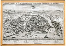 221-An unusual depiction of the town of Konstanz situated on Lake Bodensee as it looked at the time of the siege in the year 1633.