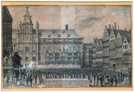 429-An original depiction of the way the peace between His Majesty the King of Spain and the general states of the united Netherlands was declared on a platform outside the townhouse in Antwerp in the presence of Mister Schouleth, the acting burgomaster, the city councillors and a huge gathering of the audience, on 5 June 1648. 