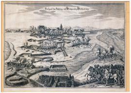 474-Pohled na pevnost a obléhání Philippsburgu.