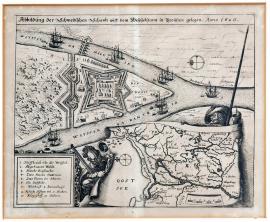 116-Vyobrazení švédské šance ležící na toku Visly v Prusku roku 1626.