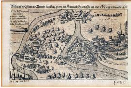118-Vyobrazení města a kostela Havelsbergu, jež bylo Dány opuštěno a obsazeno císařskými. 1627.