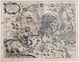 120-Wahrhaftige Darstellung der festen Stadt Rochelle mit deren Fortifikationen und dem königlichen Lager und Schanzen. Anno 1627.