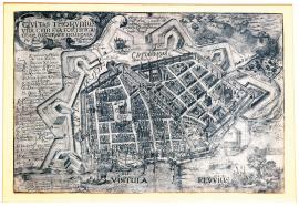 126-Die Stadt Thorn mit ihren Befestigungswerken, von Jakob Hoffman, dem Geometer und Architekten genau gezeichnet. Es fand hier die Vernichtung aller Vororte durch Brand bei Belagerung durch den erlauchten Hermann Frangel im Jahre 1628 statt.