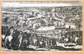 175-An illustration of the clash at Lech, and the manner in which the King of Sweden crossed this river and forced the Duke of Bavaria and Count Tilly to flee. The Battle of Lech took place between the King of Sweden and Count Tilly. 