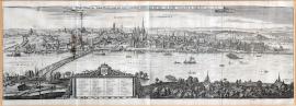223-A genuine depiction of the town of Mainz, including new fortification walls, the bridge of ships and the army camp, as it all stood at the old times. The year 1633.