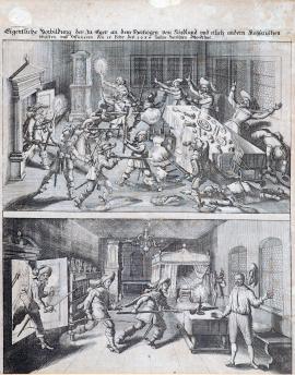 224-Vlastní vyobrazení vraždy, spáchané v Chebu dne 15. února roku 1634 na vévodovi z Frýdlantu a několika jiných císařských plukovnících a důstojnících.