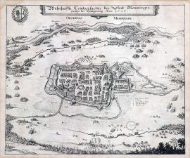 228-A true depiction of the town of Memmingen including its siege that took place in the year 1634. 