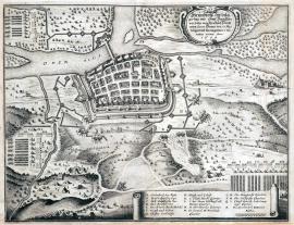 232-Půdorys obléhání a města Frankfurtu, které bylo obléháno jeho kurfiřtskou jasností, kromě generála Bannera dne 13. května a následujícího 23. bylo dobyto. Roku 1634.