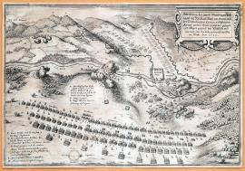 280-A depiction of two powerful field camps of the army of Holy Roman Empire on one side and the army of the United Crowns and territories on the other, including the position of the same landscape near Saalfeld, and how far one was one army pushed to retreat by the other. May 1640.