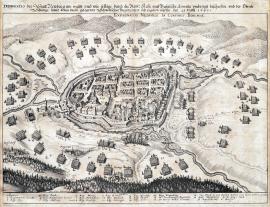 288-A depiction of the town of Neuburg as it was surrounded and cannonaded by the Imperial and Bavarian army and how the Colonel Schlange with the Swedish garrison inside was forced to give up on 21 March 1641.