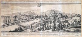292-A true depiction of the town of Kreuznach and the fortress of Kreuzenberg and both Wildstadt chateaus, on 10 April, and Maulburg on 18 of the same month, as these were seized by the General Field Marshal Gicci de Haes on 2 June 1641.