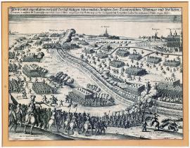 305-Nákres skutečného průběhu téměř krvavého střetnutí mezi lamboyským, výmarským a hesenským vojskem, v němž Lamboyští utrpěli úplnou zkázu: událo se u Kukelsmey na hranicích krempského území dne 17. ledna tohoto 1642 roku.