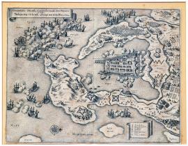 398-Obléhání Ortebelli s námořní bitvou mezi Španěly a Francouzi. Rok 1646.