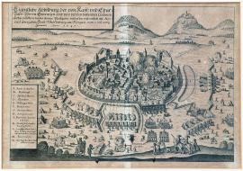 401-An original depiction of the town of Weissenburg in Norgau, which was surrounded and cannonaded by the Imperial and Electorate-Bavarian armies commanded by their generals and finally handed over upon agreement, from 3 to 23 January 1647.