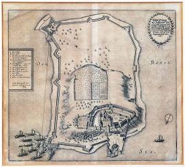 402-Vyobrazení ostrova a pevnosti Mainau, která byla jeho excel. panem pol. maršálkem Karlem Gustavem Wrangelem dobyta dne 3. února 1647.