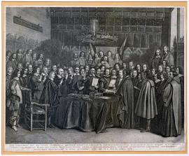 427-A very accurate image, which depicts animatedly the famous meeting of the representatives of the King of Spain Phillip IV and the general states of the united Belgium, which under an oath confirmed the eternal peace previously ratified by the exchange of documents in the town hall of Münster in Westphalia. On 15 May of the year 1648.