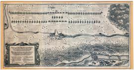 439-Nákres a náznak jak švédské a francouzské armády stály ve vojenském postavení dne 30. září 1648 u obce Scheuringen, jak přesadily své vozajstvo přes Lech a jak k večeru následovaly samy.