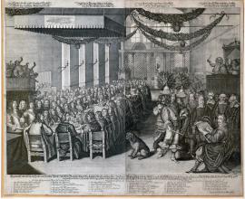 453-The original depiction of the banquet on the occasion of peace celebrations held by His Highness, Princely Excellency, Carl Gustav, the Prince of the Palatinate of the Rhine etc., after having negotiated preliminary treaties in Nuremberg, the city of the Holy Empire, at the town hall on 25th September 1649.