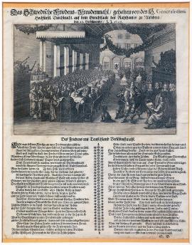 454-Das Schwedische Friedens-Freudenmahl gehalten von des Generalissimi Hochfürstl. Durchlaucht auf dem Gerichtsaale des Rathauses zu Nürnberg, den 25. Heumonds 1649.