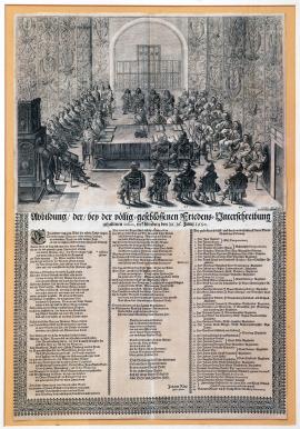 459-Abbildung der bey völlig geschlossenen Friedens-unterschreibung gehaltenen Session in Nürnberg den 26. 16. Juny 1650.