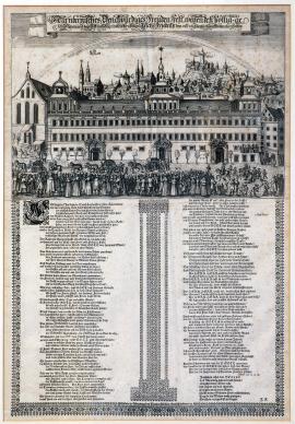 460-Nürnbergisches Denkwürdiges Freudenfest wegen desz völlig geschlossenen und daselbst einheltig unterschriebenen Reichsfriedens den 26. / 16. Juny jetzt lauffenden 1650 Jahrs.
