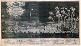 462-Original drawing of the “fireworks” mansion house and pavilions, the venue of a peace-celebrating feast held from the gracious order of His Roman Imperial Highness, in honour of the Royal Swedish Generalissimo Carl Gustav, the Prince of the Palatinate of the Rhine etc., attended by electors and the estates, lords ambassadors, princes and (their) wives, Lieutenant General Duke of Amalfi, at the St. John shooting range in Nuremberg on 14th July 1650.
