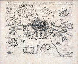 550-Nákres vznešeného města Norimberka, přičemž je i vidět, jak leží oboustranně proti sobě armády ve svých kvartýrech.