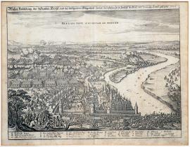 85-Waher Darstellung des Städtchens Höchst und der umliegenden Landschaft mitsamt der Schlacht, zu der es zwischen der kaiserlichen und braunschweigischen Armee 1622 kam.
