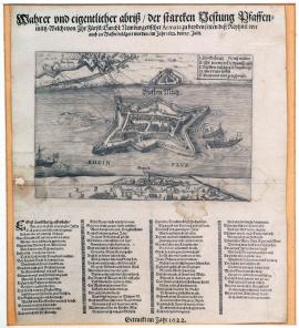 86-Pravý a skutečný nákres silné pevnosti Pfafenmütz, která byla obléhána neuburskou armádou po obou stranách Rýnu, jakož i na vodě, v roce 1622, 25. července. Vytištěno roku 1622.