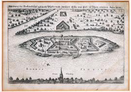 87-Vyobrazení nizozemské tvrze Pfaffenmütz mezi Kolínem a Bonnem na Rýnu. Roku 1622.